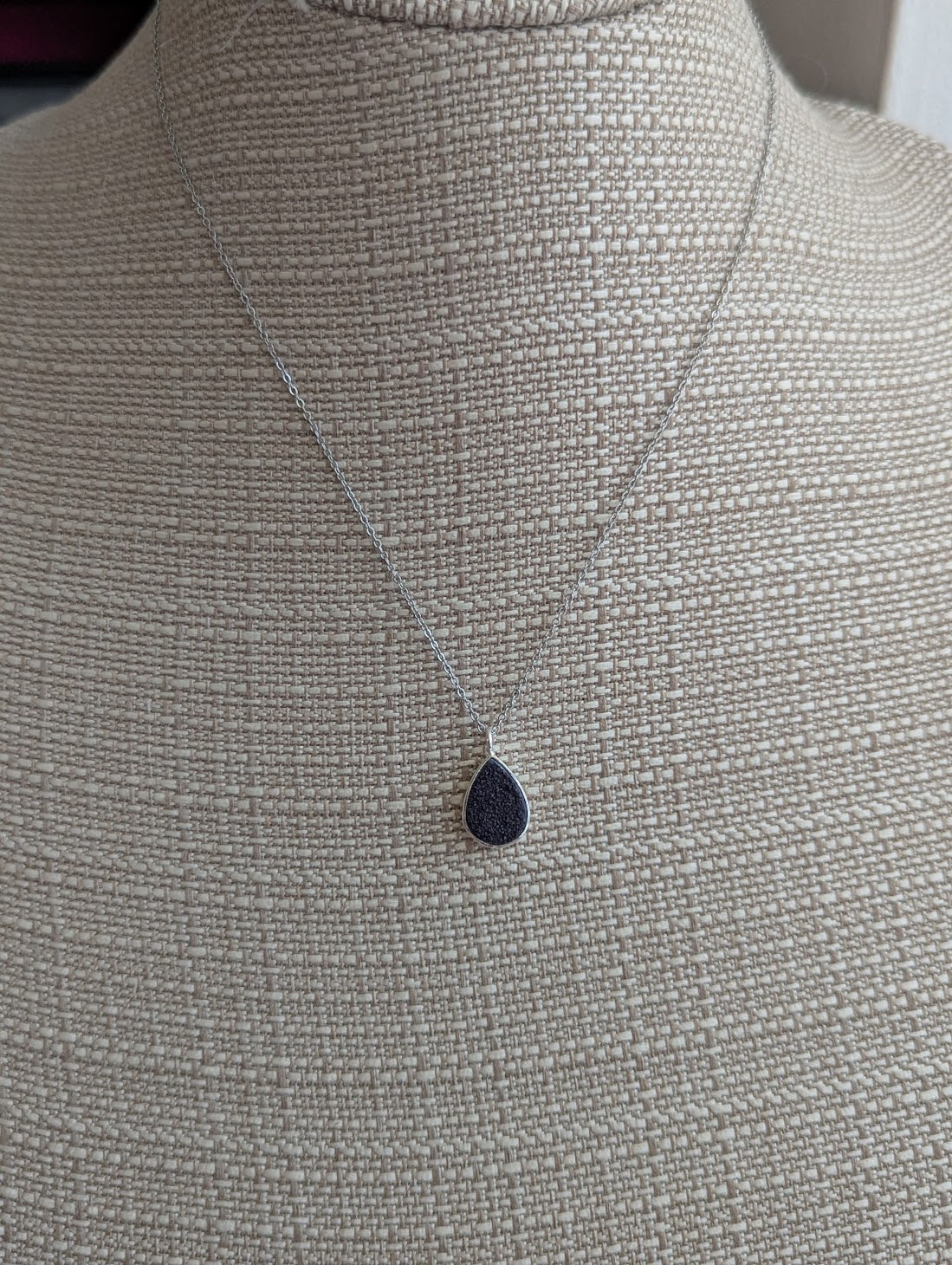 Black Druzy Tear Drop Silver Necklace