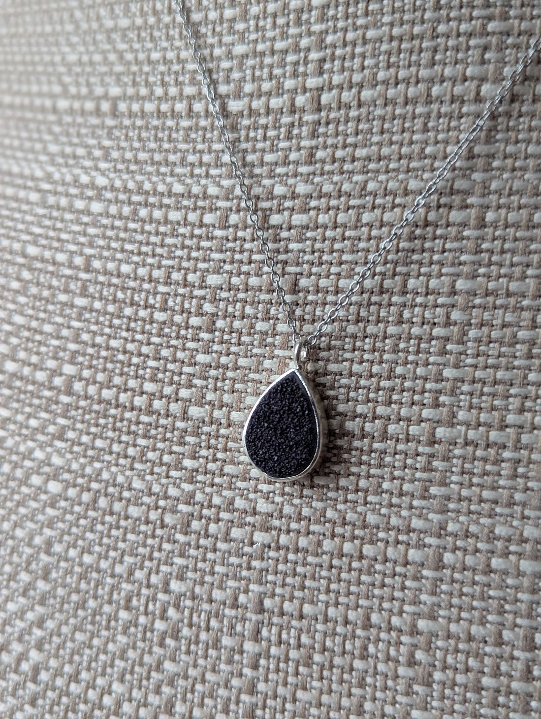 Black Druzy Tear Drop Silver Necklace