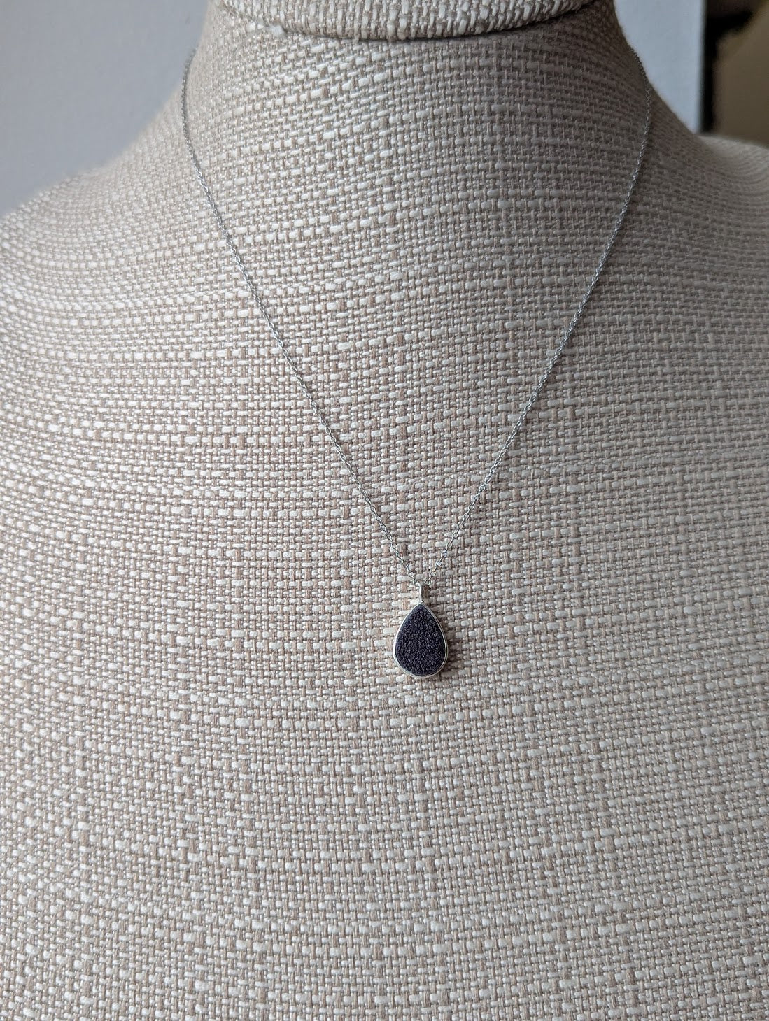 Black Druzy Tear Drop Silver Necklace