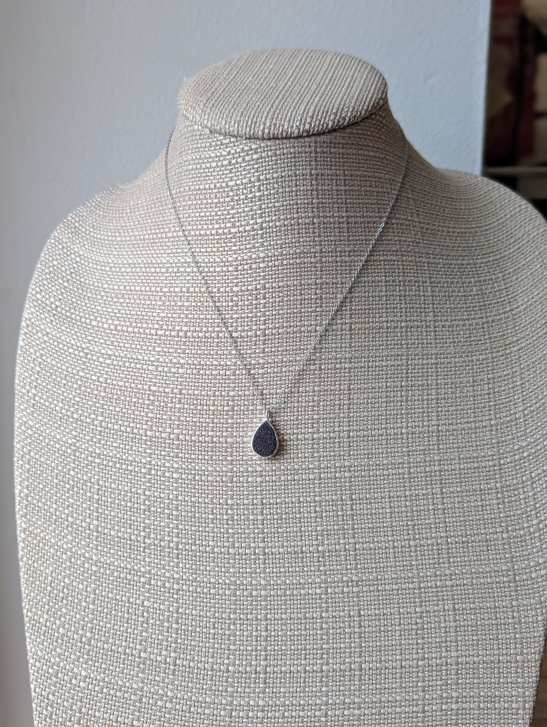 Black Druzy Tear Drop Silver Necklace