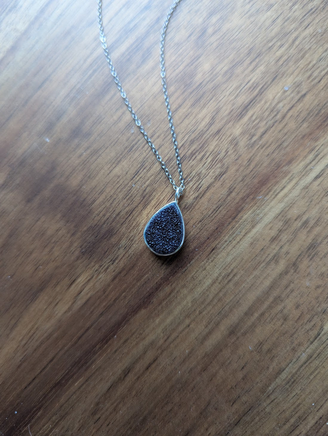Black Druzy Tear Drop Silver Necklace