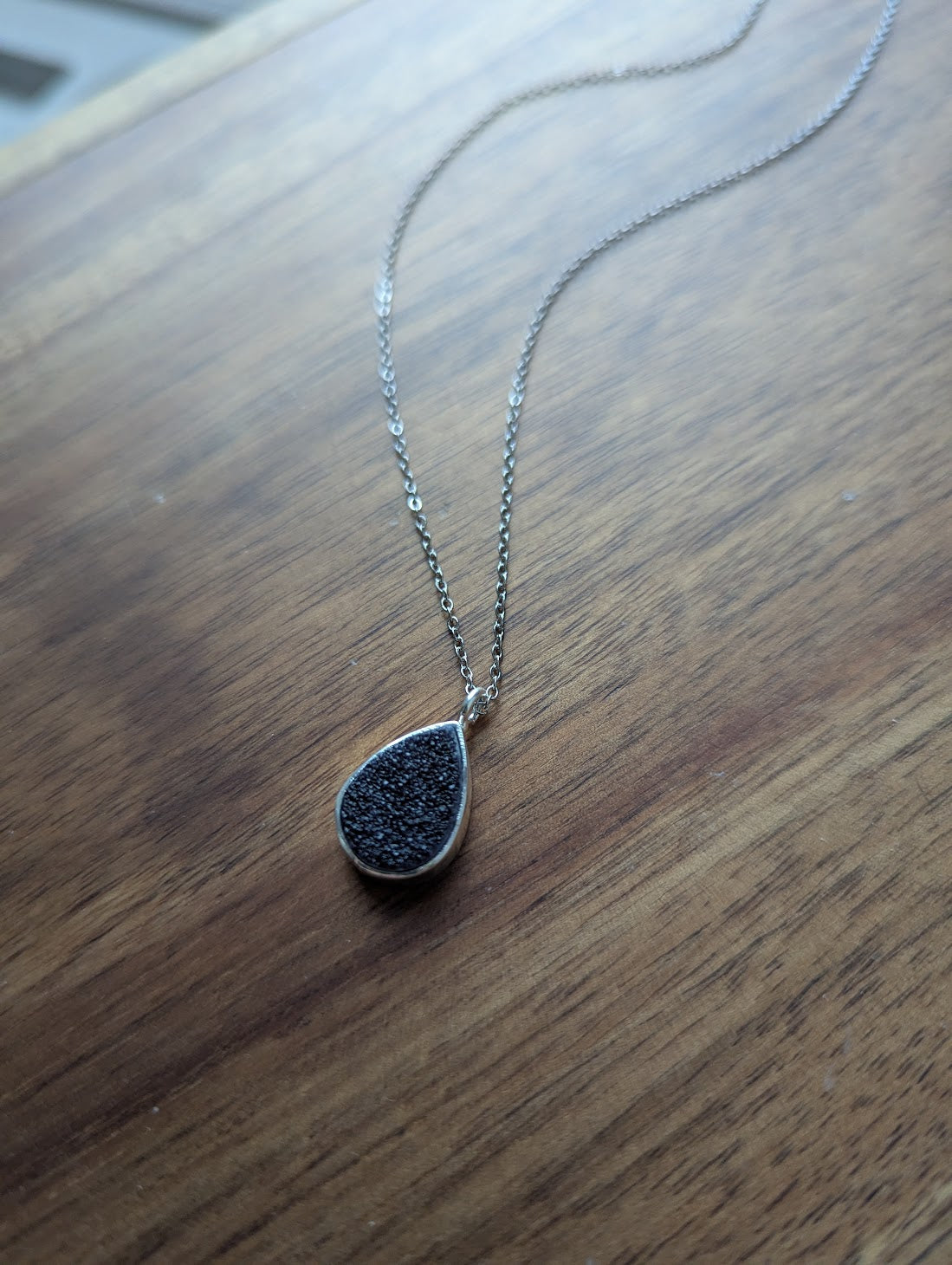 Black Druzy Tear Drop Silver Necklace
