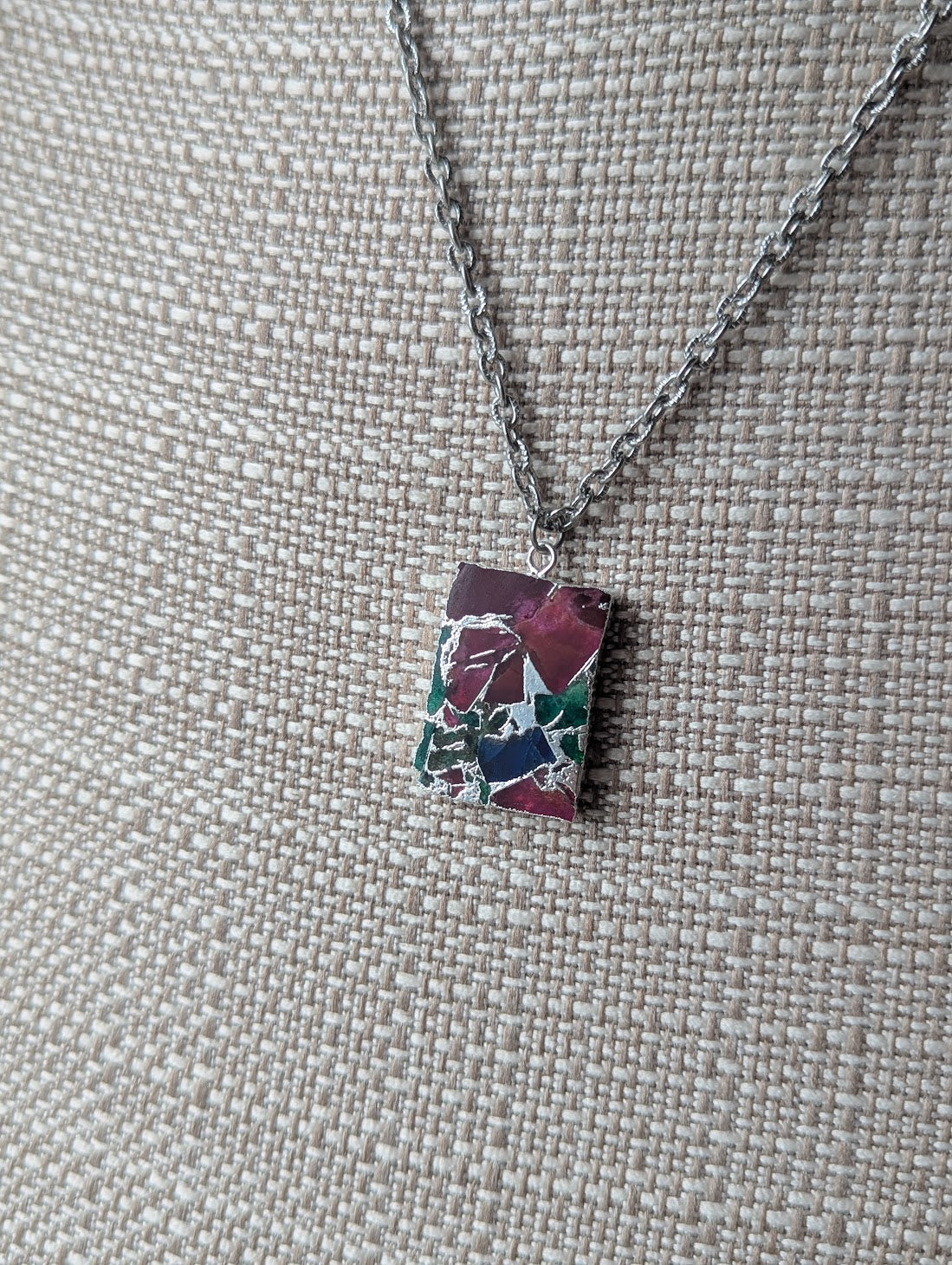 Mixed Mosaic Silver Rectangle Necklace