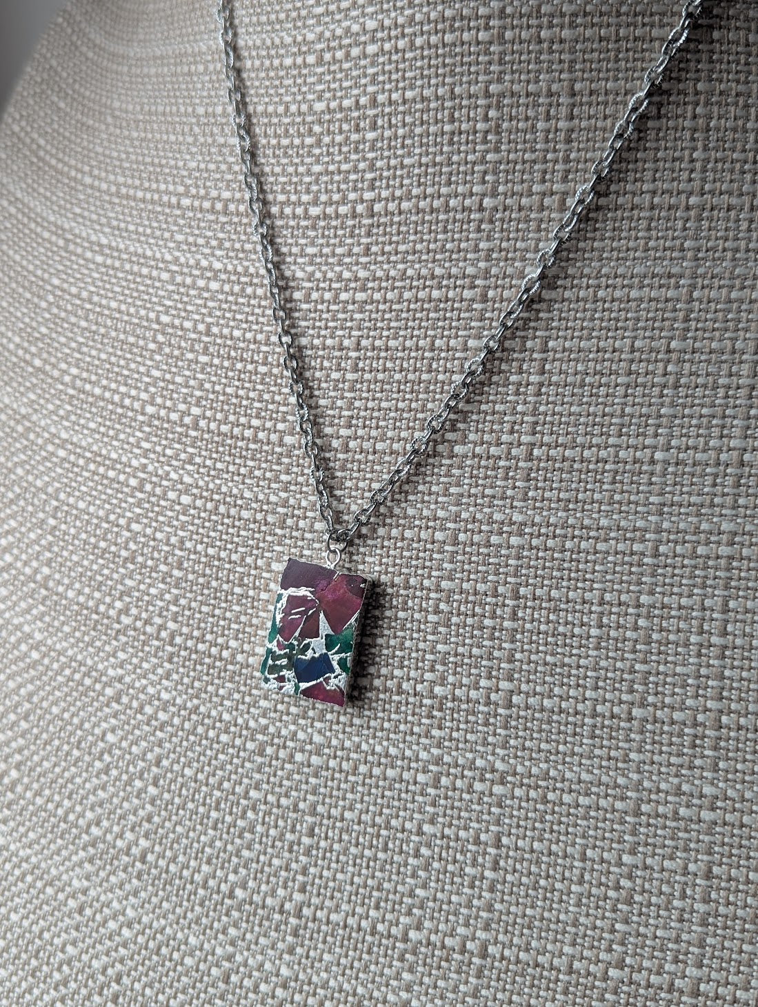 Mixed Mosaic Silver Rectangle Necklace
