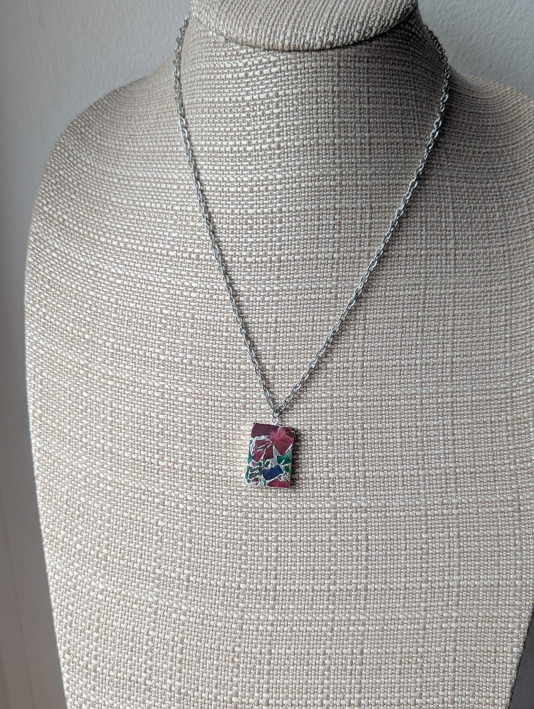 Mixed Mosaic Silver Rectangle Necklace