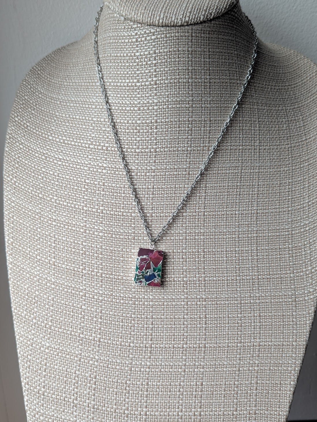 Mixed Mosaic Silver Rectangle Necklace