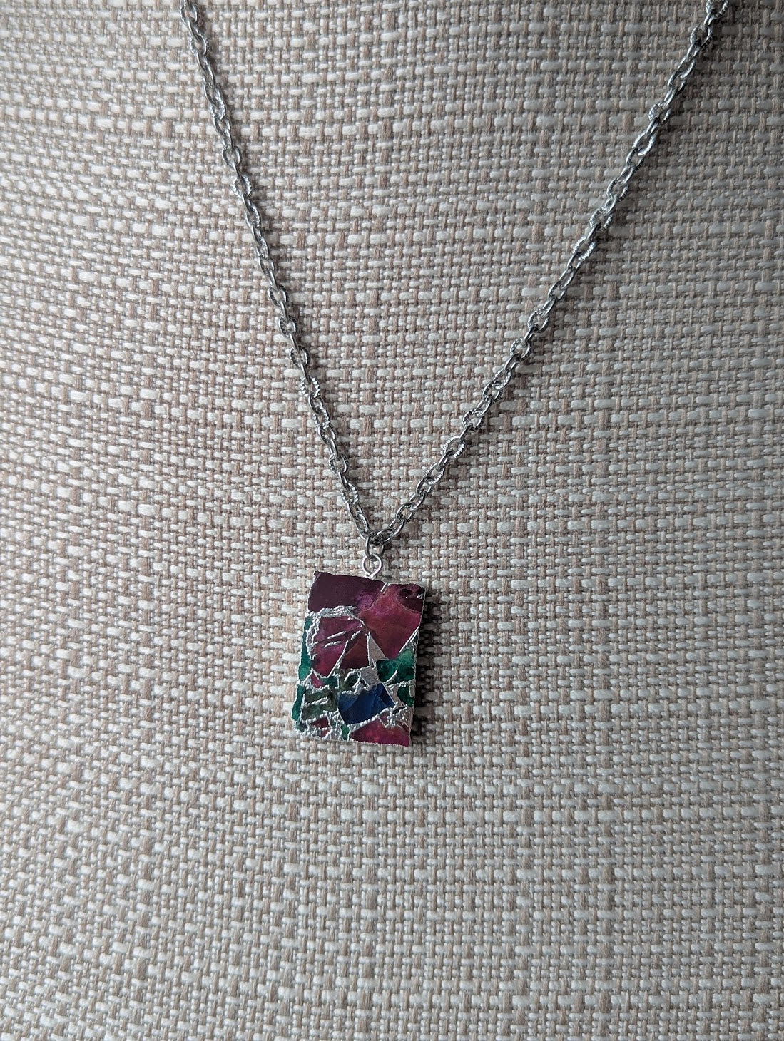 Mixed Mosaic Silver Rectangle Necklace