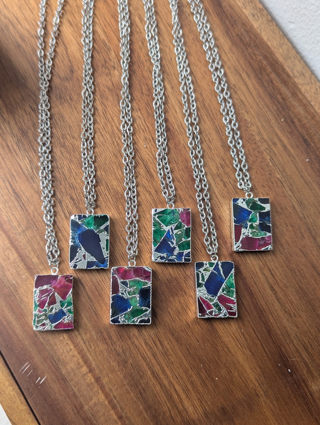 Mixed Mosaic Silver Rectangle Necklace
