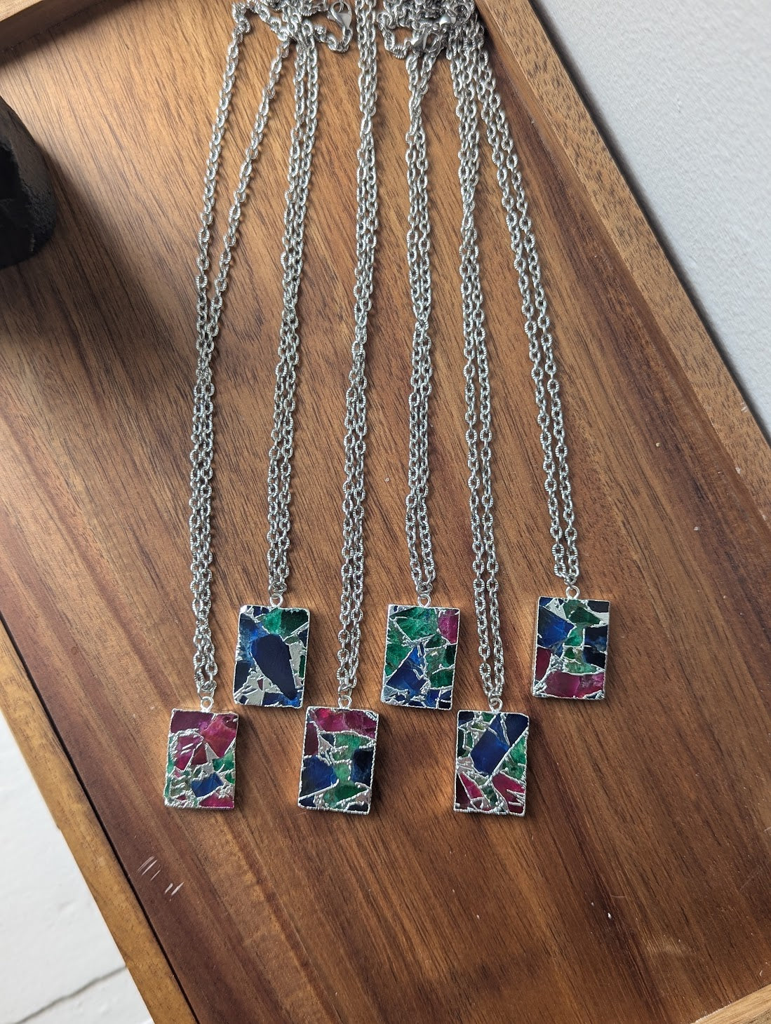 Mixed Mosaic Silver Rectangle Necklace