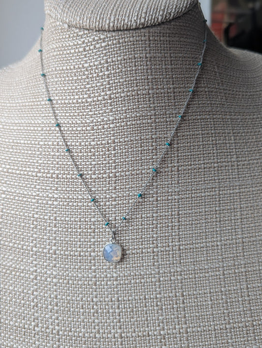 Faceted Opalite Silver Turquoise Enamel Necklace