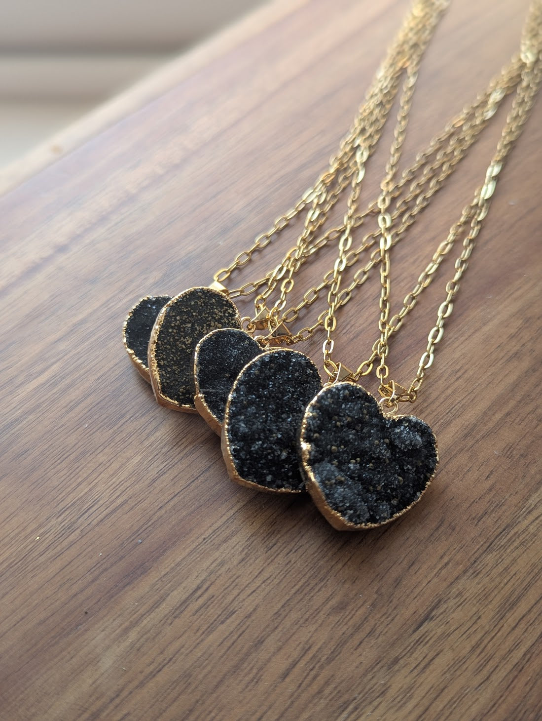 Black Druzy Heart Gold Paperclip Necklace