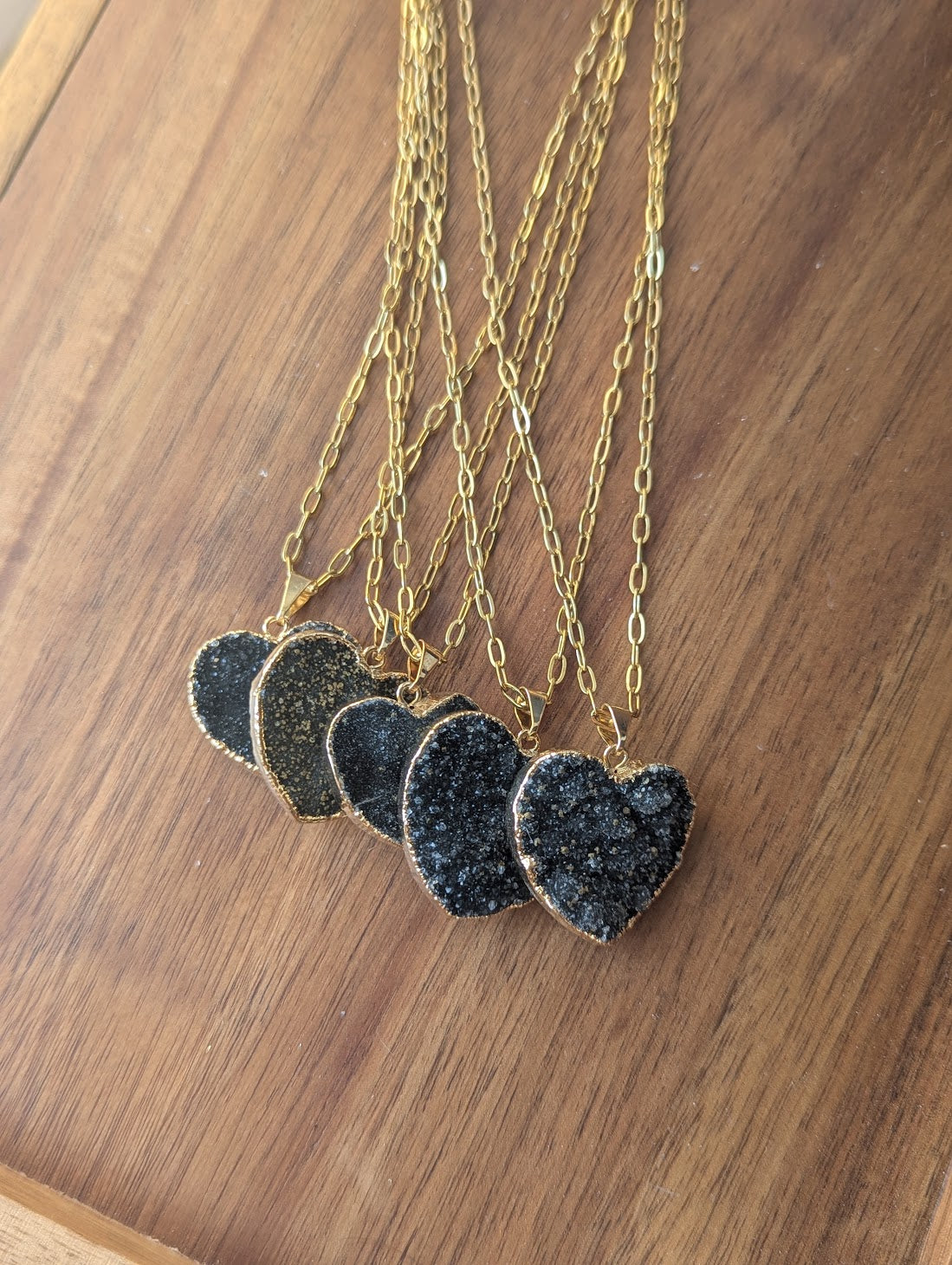 Black Druzy Heart Gold Paperclip Necklace