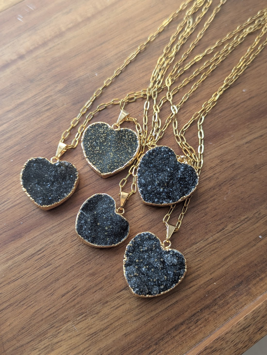 Black Druzy Heart Gold Paperclip Necklace