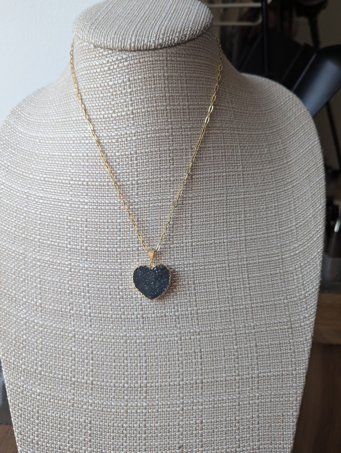 Black Druzy Heart Gold Paperclip Necklace