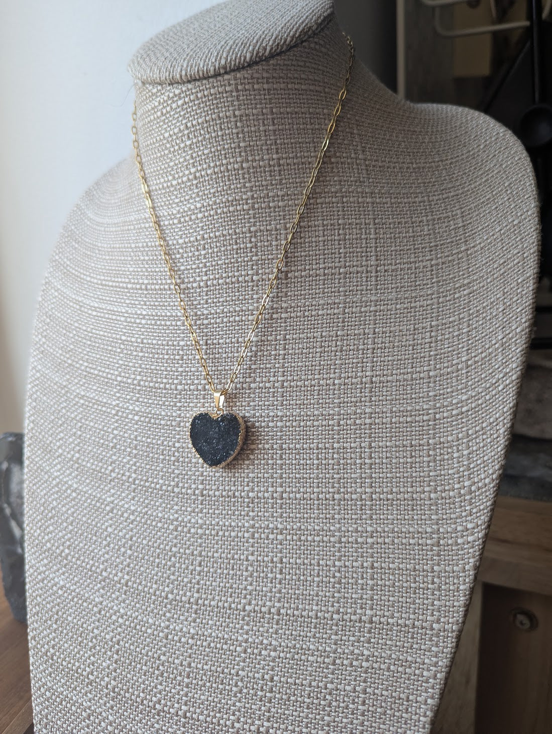 Black Druzy Heart Gold Paperclip Necklace