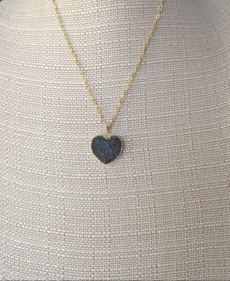 Black Druzy Heart Gold Paperclip Necklace