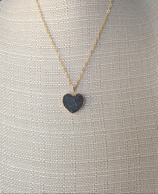 Black Druzy Heart Gold Paperclip Necklace