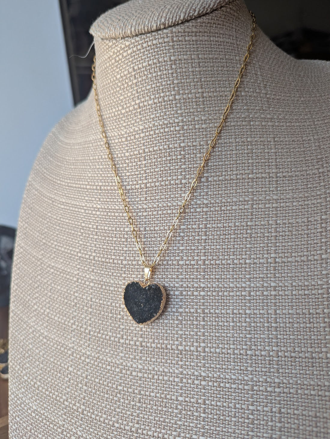 Black Druzy Heart Gold Paperclip Necklace