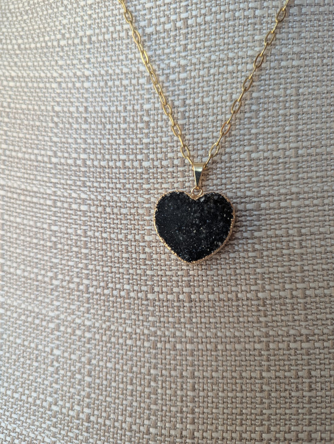 Black Druzy Heart Gold Paperclip Necklace