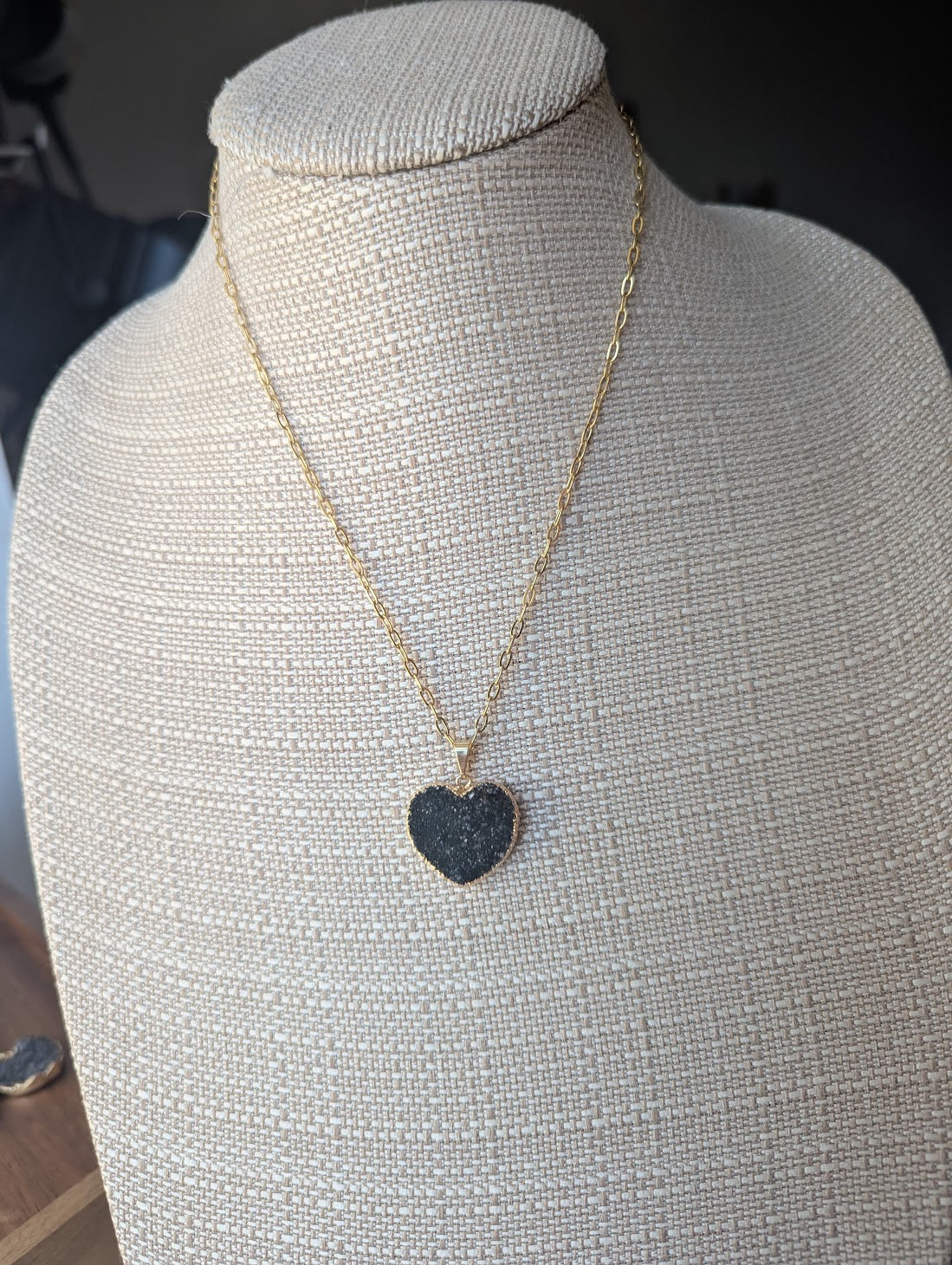 Black Druzy Heart Gold Paperclip Necklace