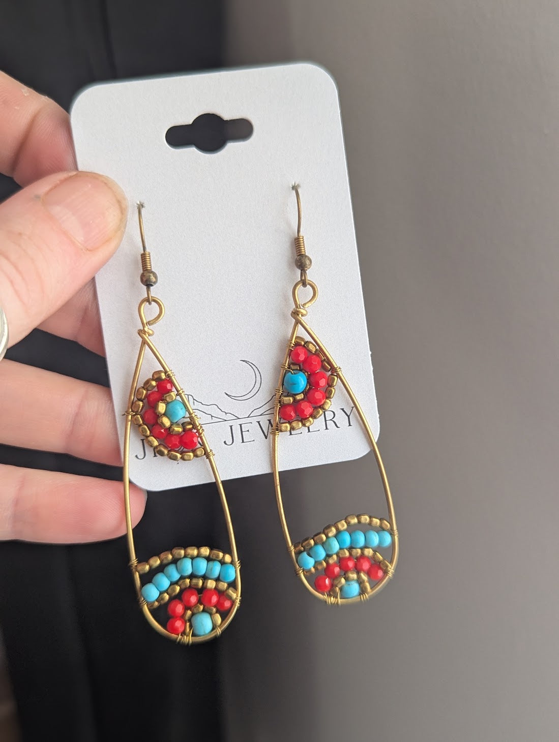 Red and Turquoise Beaded Tear Drop Brass Earrings