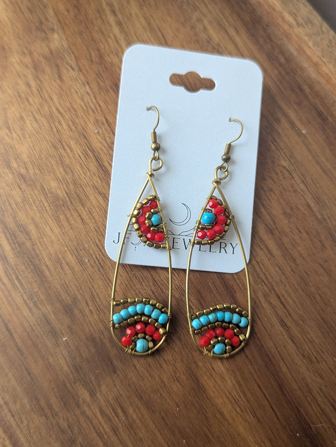 Red and Turquoise Beaded Tear Drop Brass Earrings