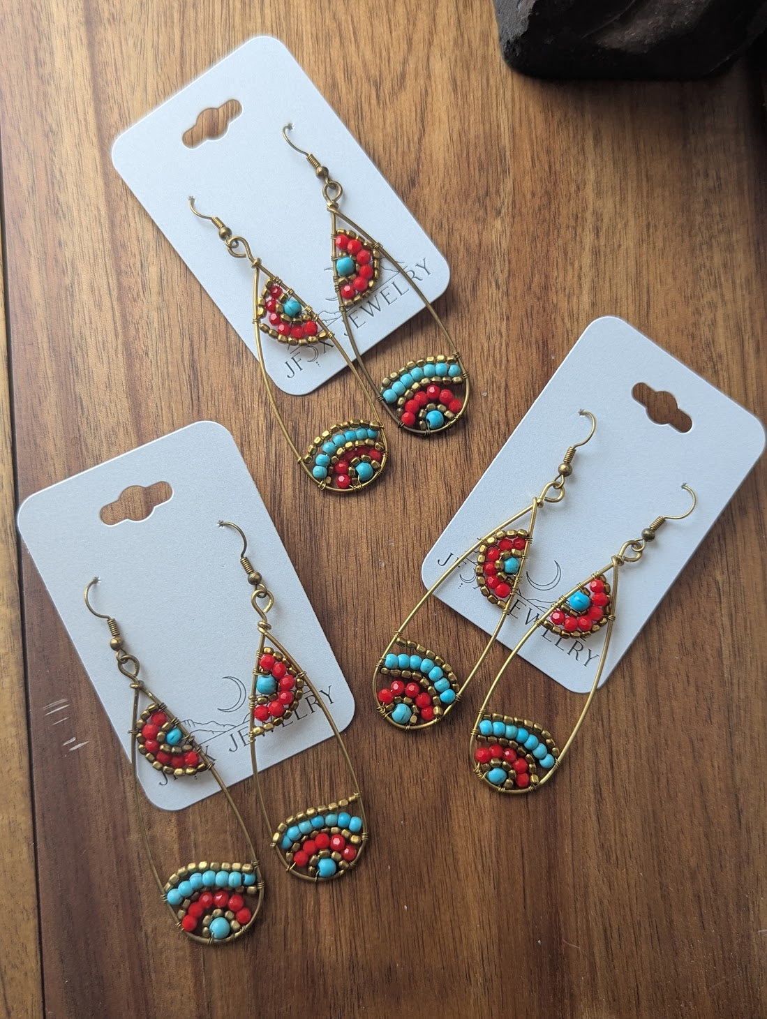 Red and Turquoise Beaded Tear Drop Brass Earrings