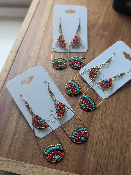 Red and Turquoise Beaded Tear Drop Brass Earrings