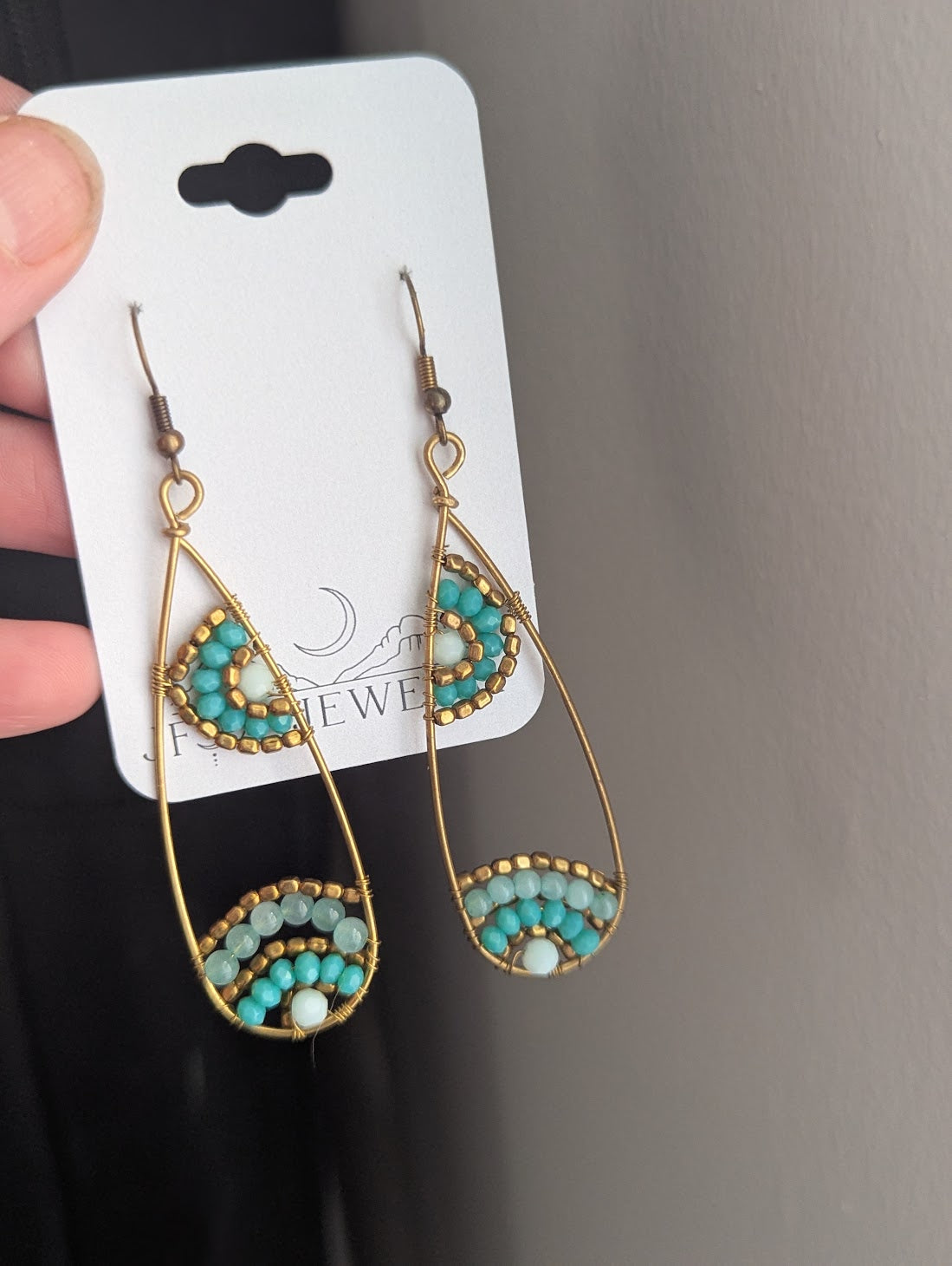 Aqua Blue Gold Beaded Tear Drop Brass Earrings