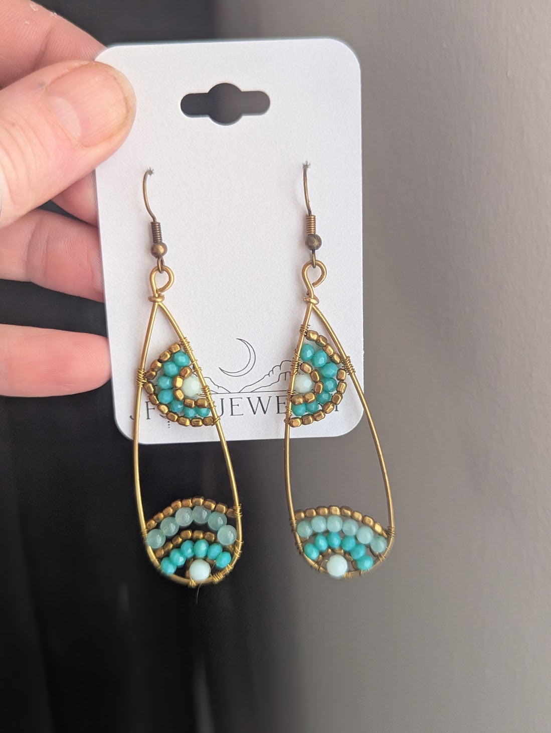 Aqua Blue Gold Beaded Tear Drop Brass Earrings