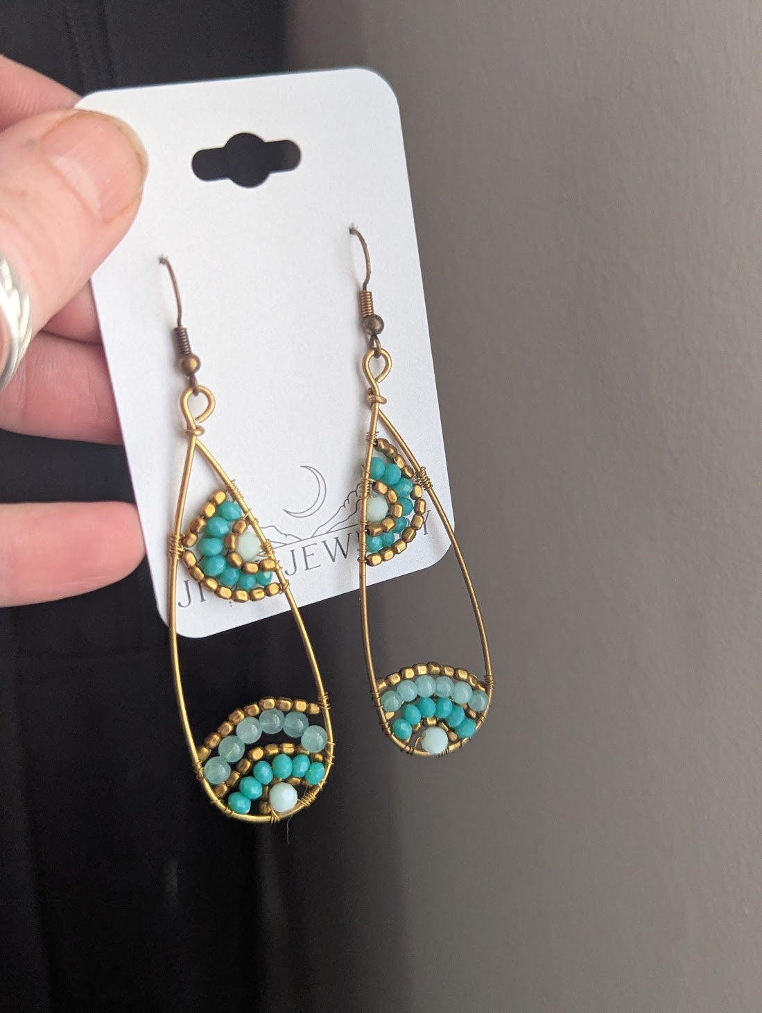 Aqua Blue Gold Beaded Tear Drop Brass Earrings