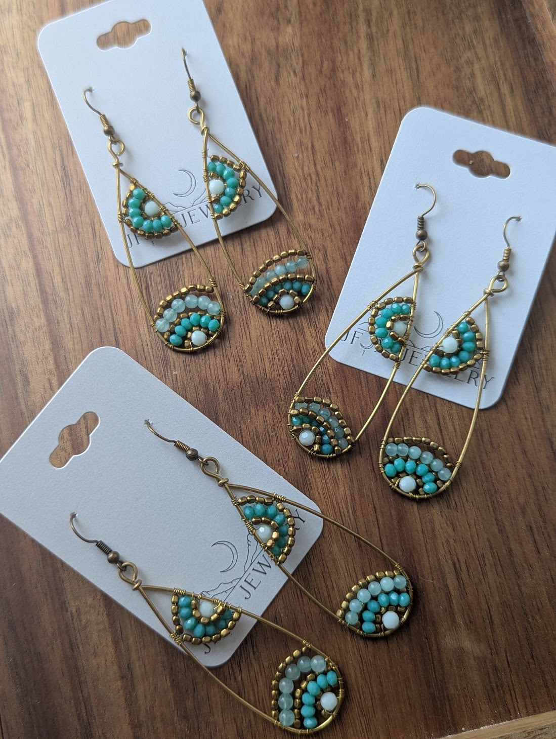 Aqua Blue Gold Beaded Tear Drop Brass Earrings
