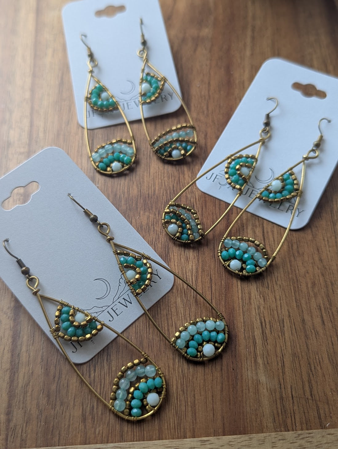 Aqua Blue Gold Beaded Tear Drop Brass Earrings