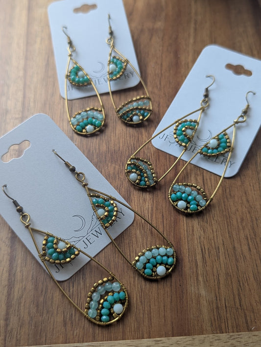 Aqua Blue Gold Beaded Tear Drop Brass Earrings