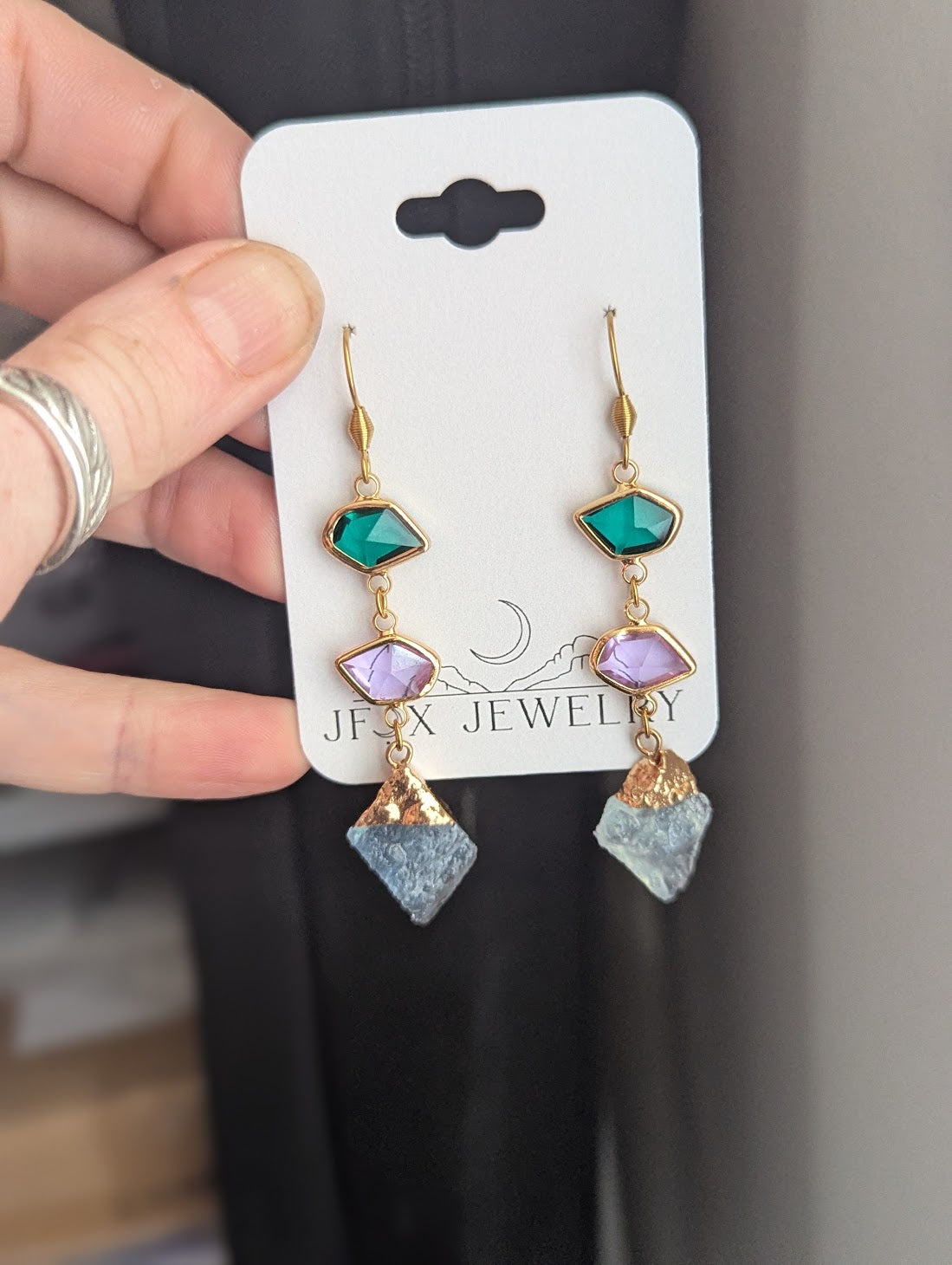Green, Purple, Aquamarine Gold Earrings
