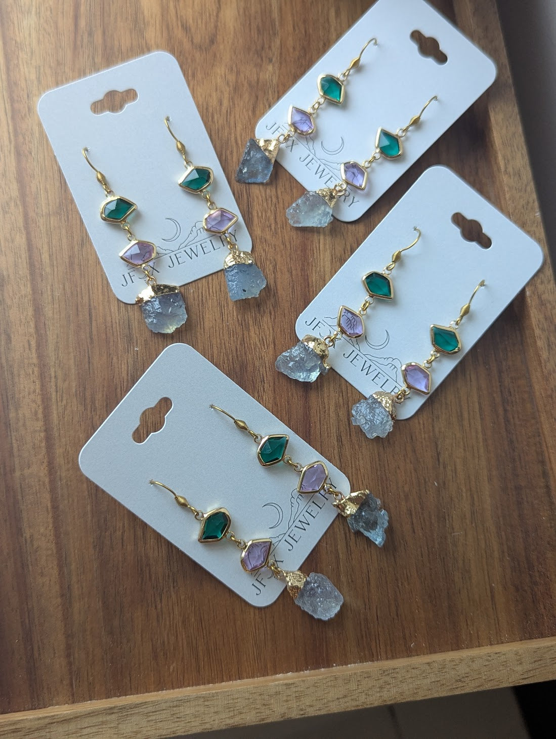 Green, Purple, Aquamarine Gold Earrings