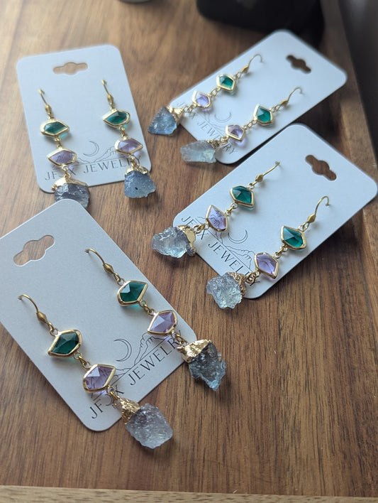 Green, Purple, Aquamarine Gold Earrings