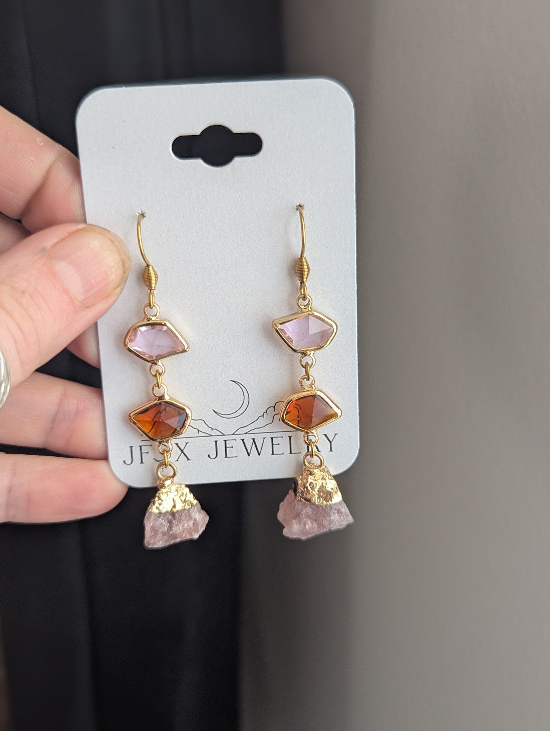 Pink, Brown, Strawberry Quartz Gold Earrings