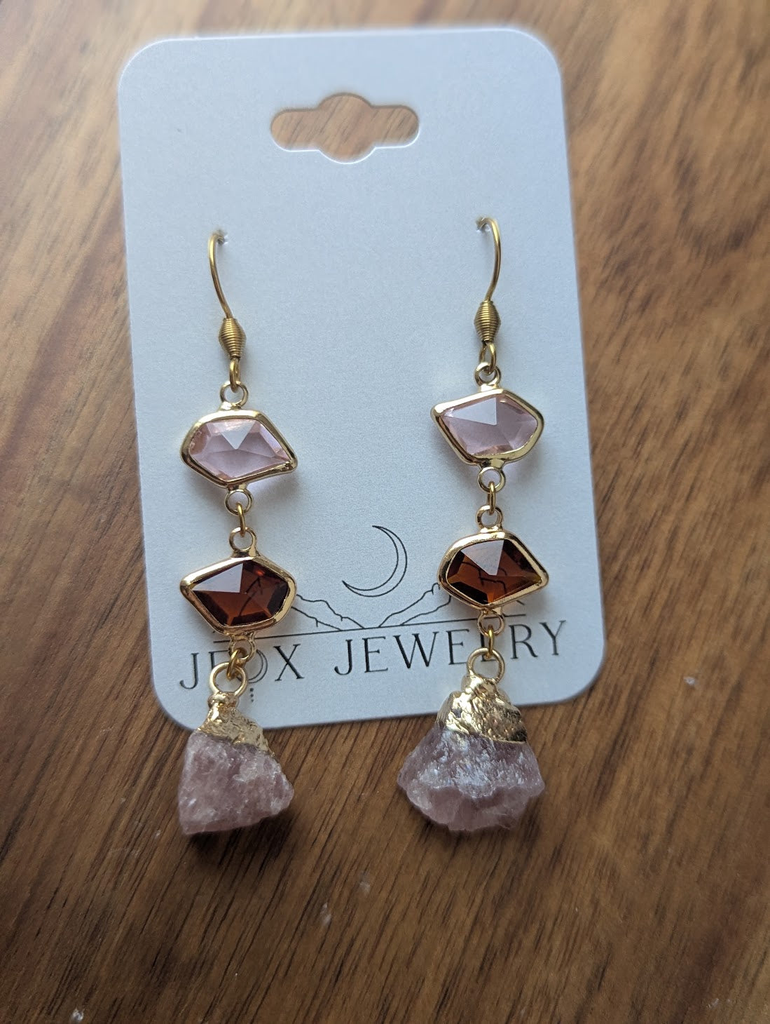 Pink, Brown, Strawberry Quartz Gold Earrings