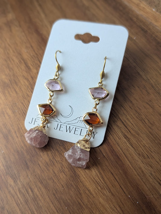 Pink, Brown, Strawberry Quartz Gold Earrings