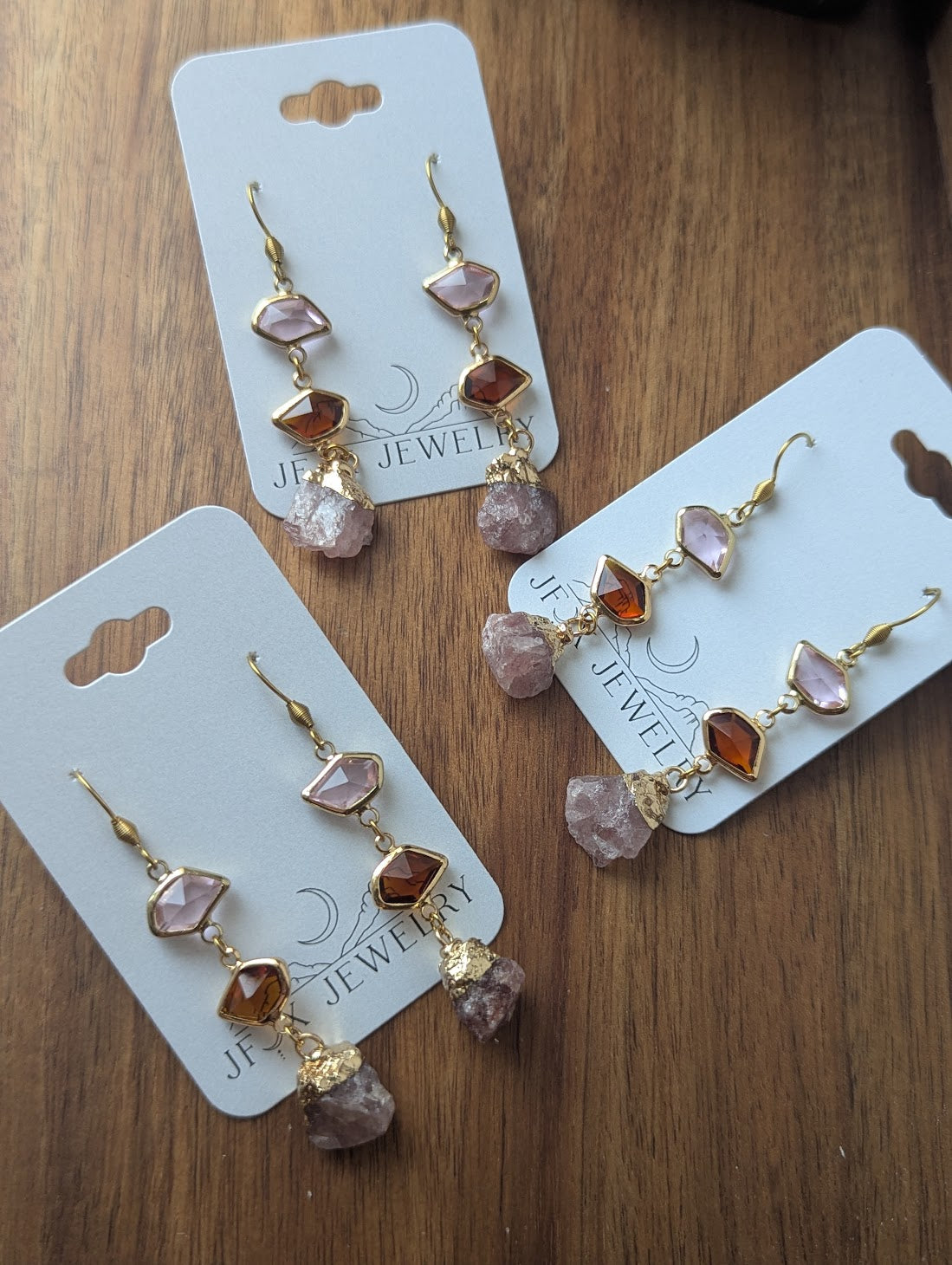 Pink, Brown, Strawberry Quartz Gold Earrings