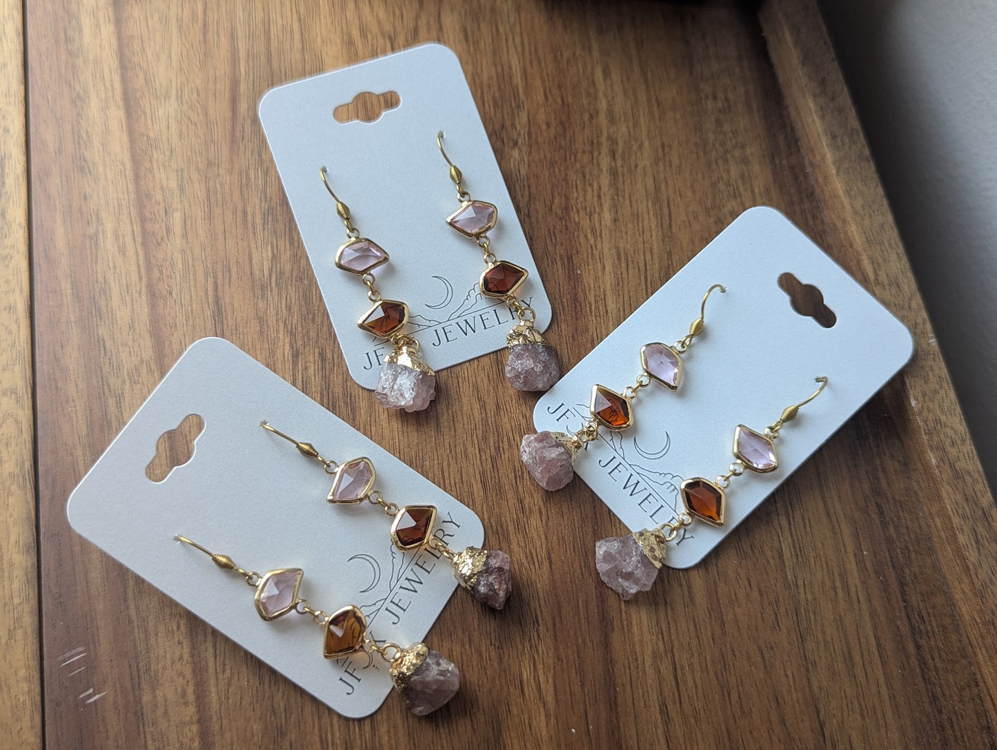 Pink, Brown, Strawberry Quartz Gold Earrings