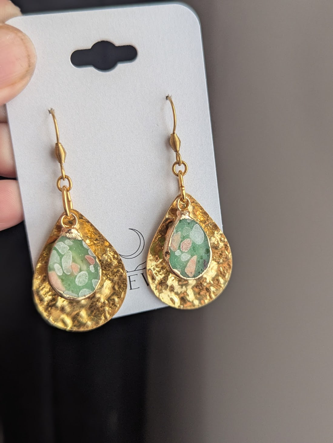 Aqua Terra Jasper Mosaic Hammered Brass Tear Earrings