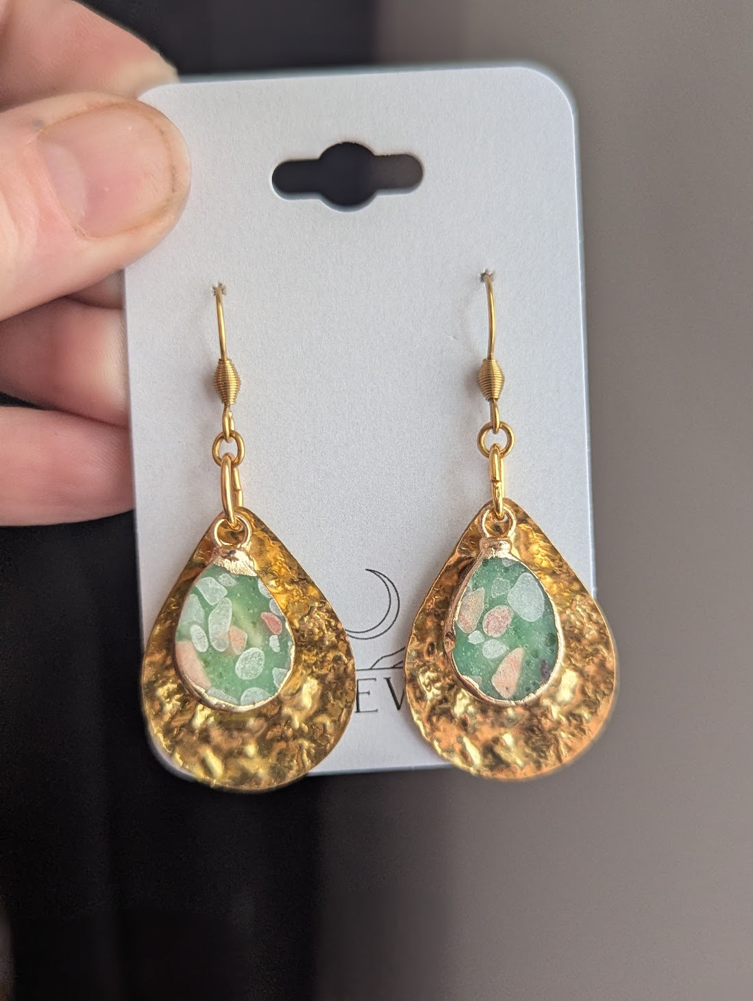 Aqua Terra Jasper Mosaic Hammered Brass Tear Earrings