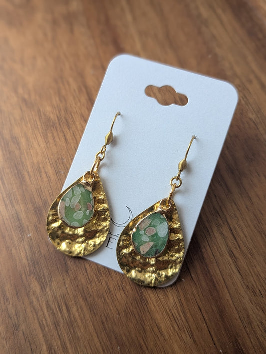Aqua Terra Jasper Mosaic Hammered Brass Tear Earrings