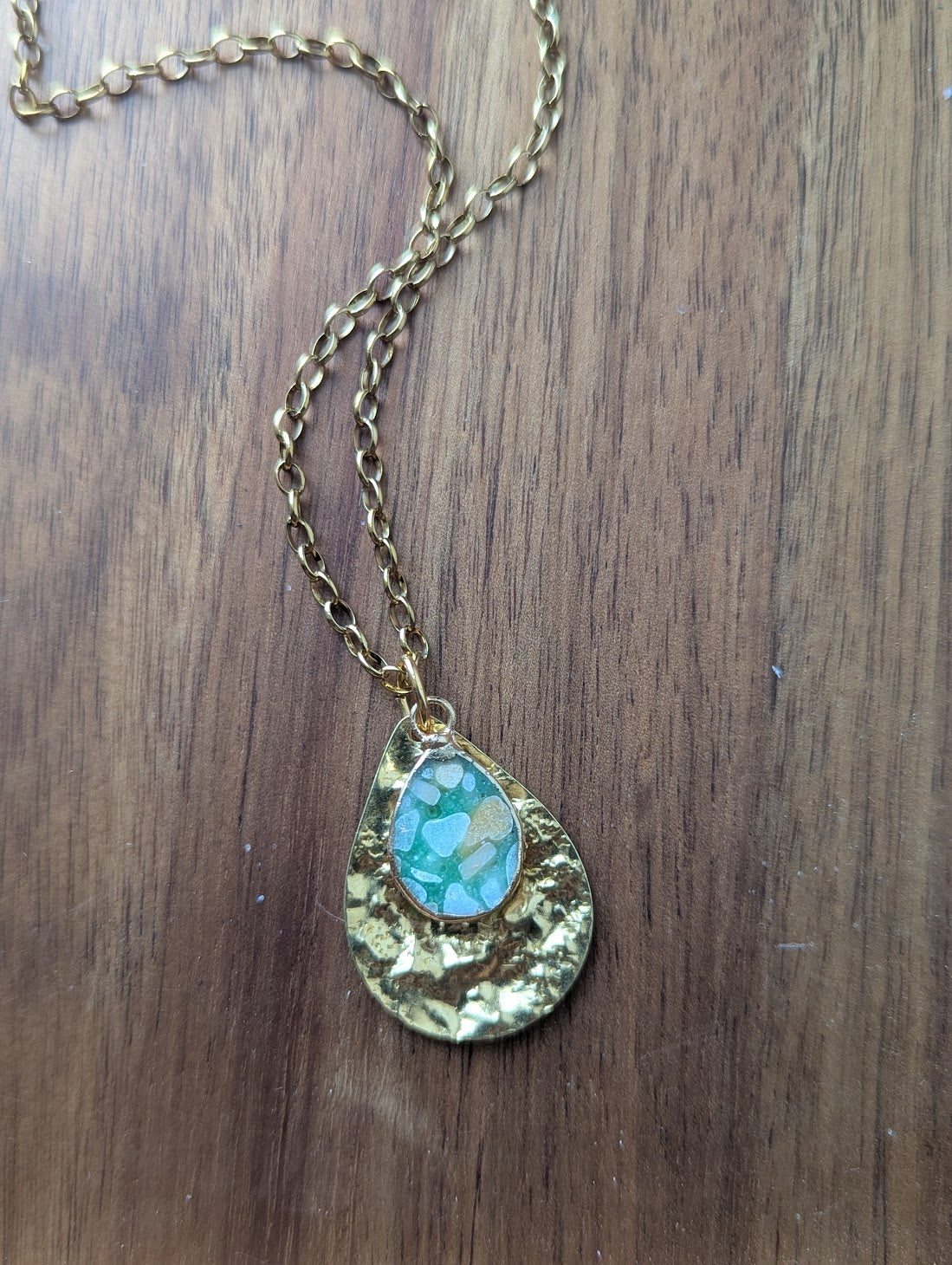 Aqua Terra Jasper Mosaic Hammered Brass Tear Drop Necklace