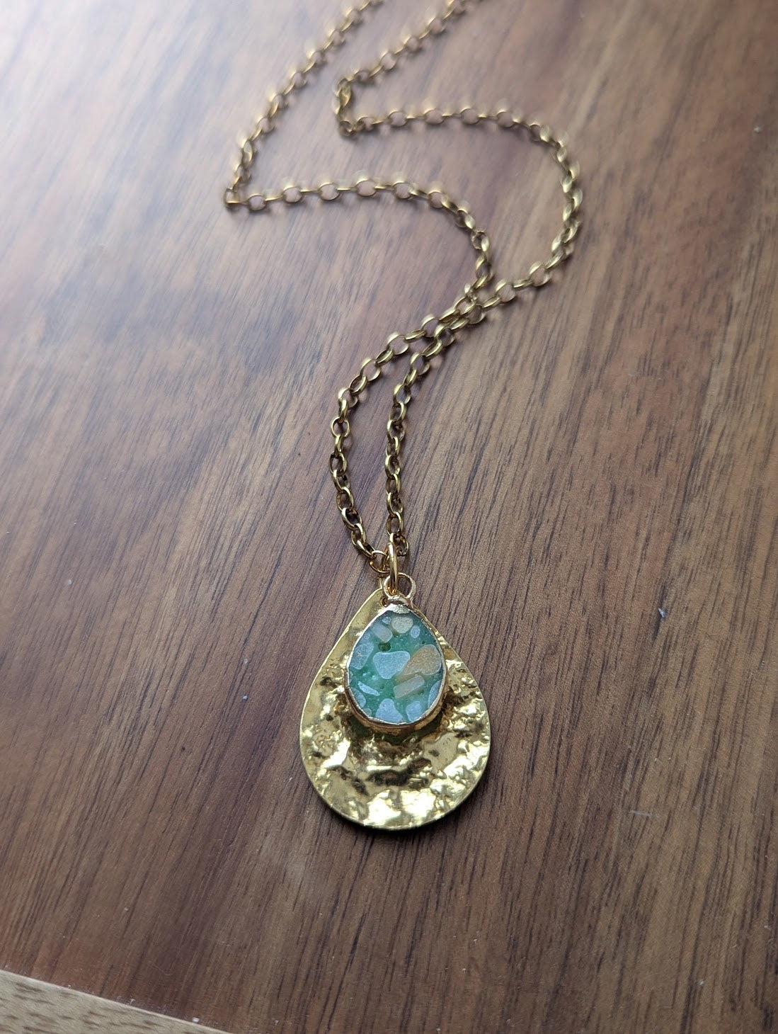 Aqua Terra Jasper Mosaic Hammered Brass Tear Drop Necklace – JFOX