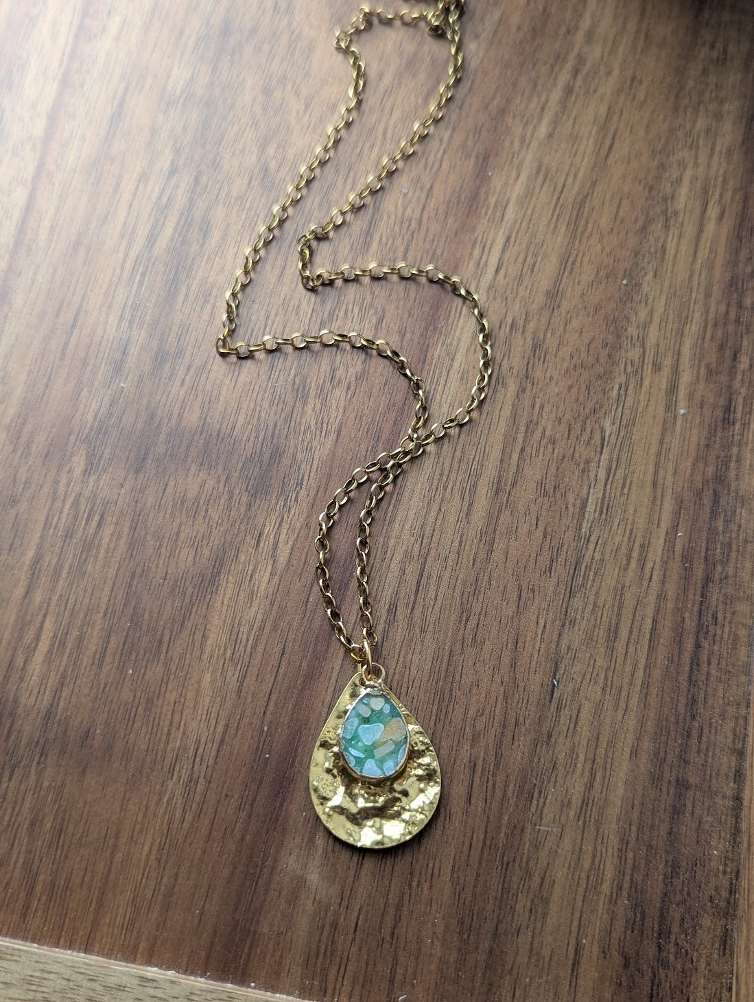 Aqua Terra Jasper Mosaic Hammered Brass Tear Drop Necklace
