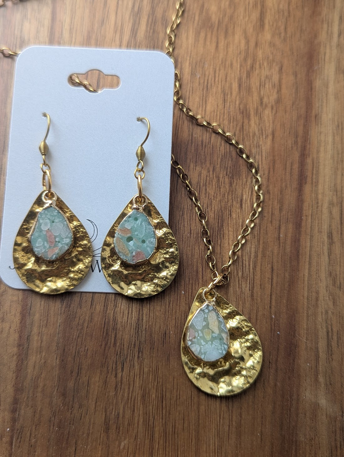 Aqua Terra Jasper Mosaic Hammered Brass Tear Drop Necklace