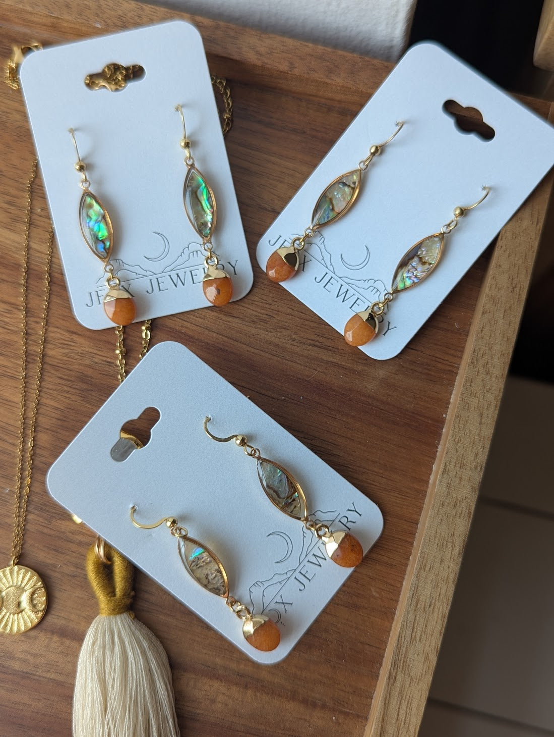 Abalone and Orange Crystal Gold Earrings